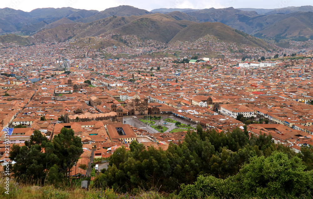Stunning aerial view of Plaza de Armas  and city center of Cusco seen from Sacsayhuaman citadel, UNESCO World Heritage Site in Peru 