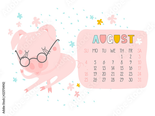 Creative calendar for August 2019 with cute pig. Concept, vector vertical editable template. Symbol of the year in the Chinese calendar. Funny cartoon characters.Vector illustration.