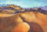 Mountain landscape - the sand dunes in the desert on sunset, panoramic view. Beautiful rocks and yellow sand desert. Watercolor hand drawn painting illustration.