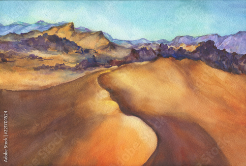 Mountain landscape - the sand dunes in the desert on sunset, panoramic view. Beautiful rocks and yellow sand desert. Watercolor hand drawn painting illustration. photo