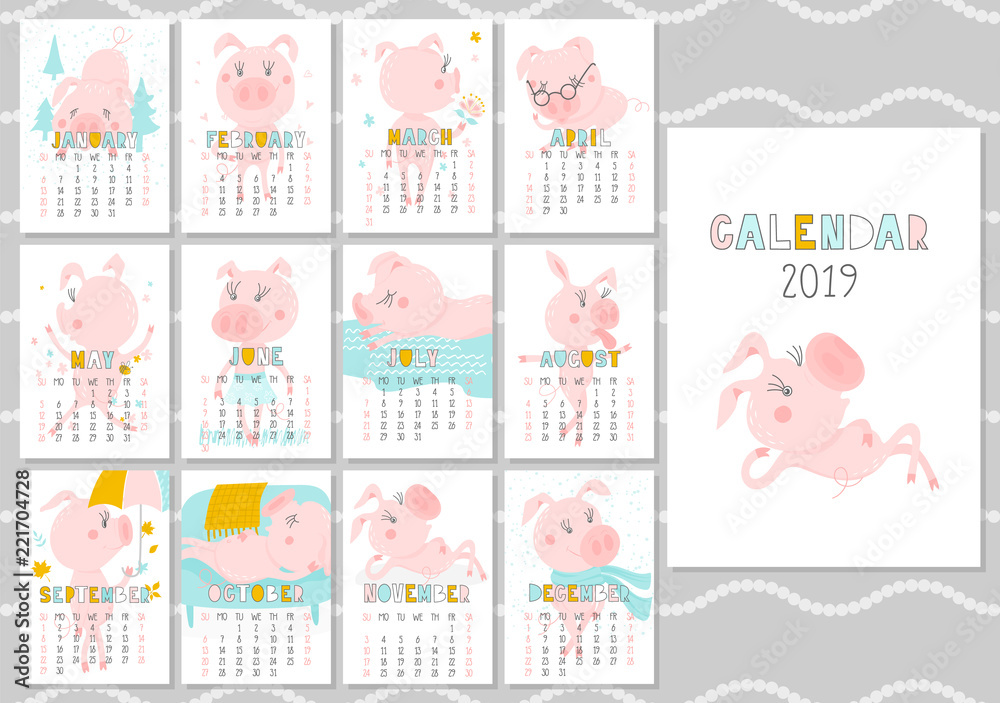 Monthly creative calendar 2019 with cute pig. Concept, vector vertical editable template. Symbol of the year in the Chinese calendar. Funny cartoon characters.Vector illustration.