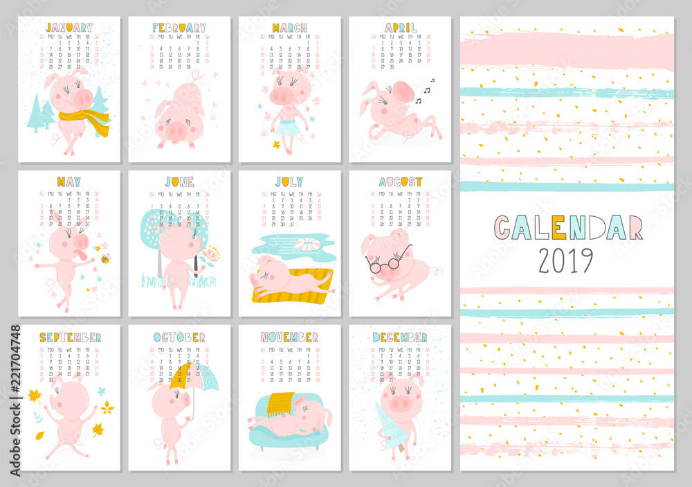 Obraz premium Monthly creative calendar 2019 with cute pig. Concept, vector vertical editable template. Symbol of the year in the Chinese calendar. Funny cartoon characters.Vector illustration