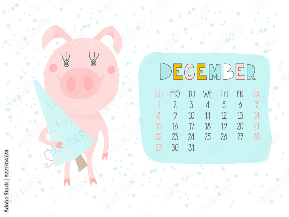 Obraz premium Creative calendar for December 2019 with cute pig. Concept, vector vertical editable template. Symbol of the year in the Chinese calendar. Funny cartoon characters.Vector illustration