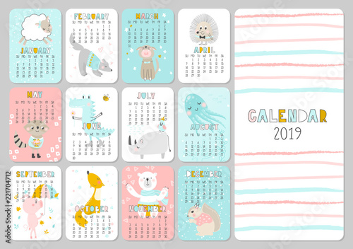 Monthly creative calendar 2019 with cute animals. Concept, vector vertical editable template. Symbol of the year in the Chinese calendar. Funny cartoon characters.Vector illustration.
