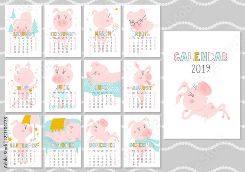 Monthly creative calendar 2019 with cute pig. Concept, vector vertical editable template. Symbol of the year in the Chinese calendar. Funny cartoon characters.Vector illustration.
