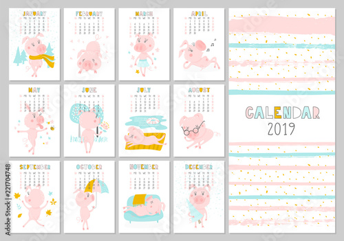 Monthly creative calendar 2019 with cute pig. Concept, vector vertical editable template. Symbol of the year in the Chinese calendar. Funny cartoon characters.Vector illustration