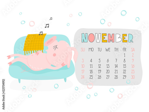 Creative calendar for November 2019 with cute pig. Concept, vector vertical editable template. Symbol of the year in the Chinese calendar. Funny cartoon characters.Vector illustration