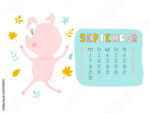 Creative calendar for September 2019 with cute pig. Concept, vector vertical editable template. Symbol of the year in the Chinese calendar. Funny cartoon characters.Vector illustration