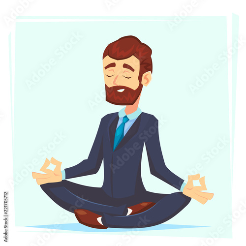 Illustration of a calm, young cartoon businessman sitting cross-legged, smiling and meditating Vector cartoon character office worker