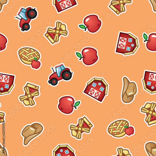 Pattern farm house and tractor, farming windmill, hat, horseshoe, rural wheelbarrow, apple and pie. Farming lifestyle seamless pattern. © babushka_p90