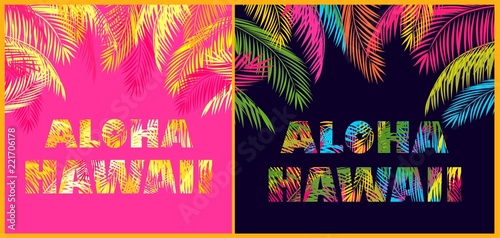 T-shirt prints variation with Aloha Hawaii lettering and coconut palm leaves on pink and black background