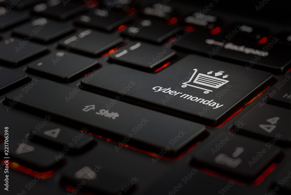 teclado negro con simbolo de carrito de venta cyber monday - obrazy, fototapety, plakaty 