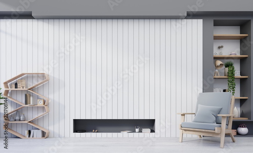 Wall with wood flooring Armchair in living room 3d rendering