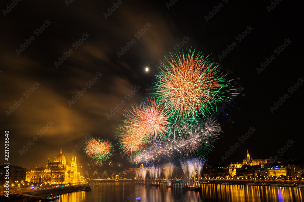 Firework over Danube river in Budapest, Hungary