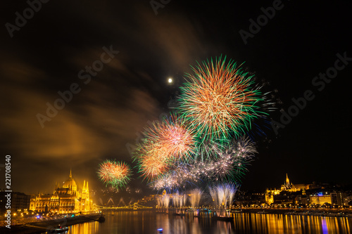 Firework over Danube river in Budapest, Hungary