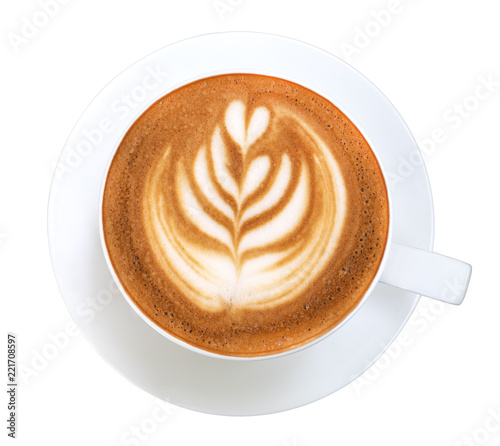 Top view of hot coffee cappuccino latte art in ceramic cup isolated on white background, clipping path included