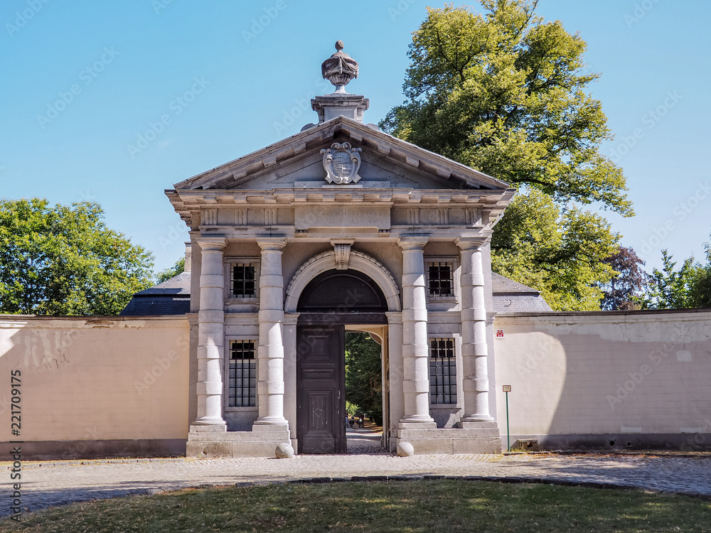 The 18th century gatehouse of the Rossendael Abbey in Walem, near Mechelen, Belgium. Currently it is a public recreation park.