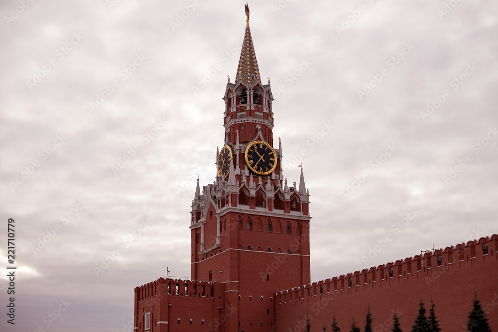 Clock - chimes at the Spassky Tower of the Moscow Kremlin on Red Square. Russia. Clock - chimes at the Spassky Tower of the Moscow Kremlin on Red Square. Russia.