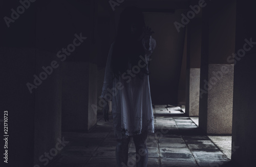 Horror scene of ghost woman death movie film halloween festival in the dark house nightmare screaming on hell is monster devil girl or female dead characters at night evil dressing wraith spirit theme