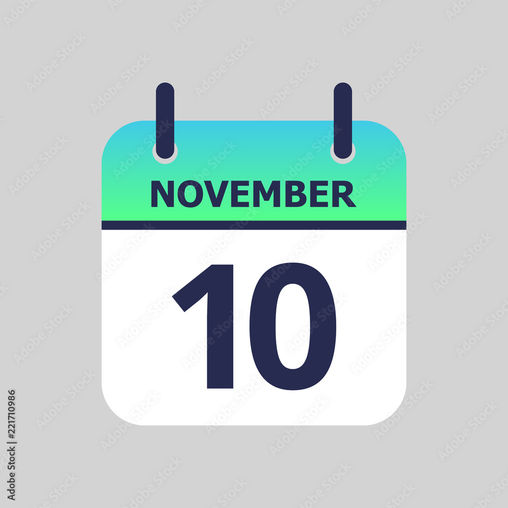 Flat icon calendar 10th of November isolated on gray background. Vector illustration. Flat icon calendar 10th of November isolated on gray background. Vector illustration.