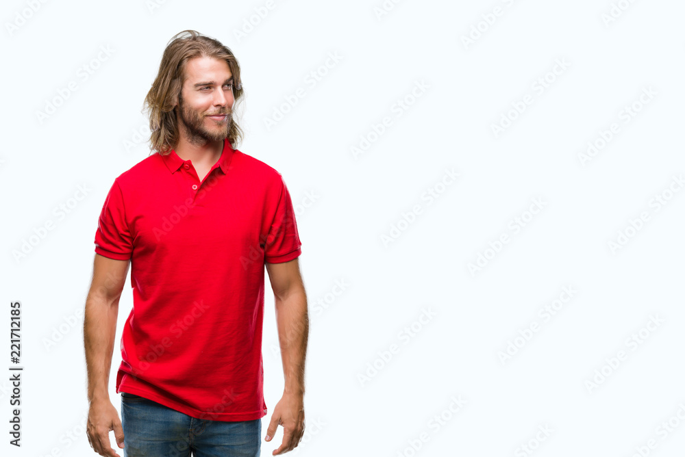 Young handsome man with long hair over isolated background smiling looking side and staring away thinking. Young handsome man with long hair over isolated background smiling looking side and staring away thinking.