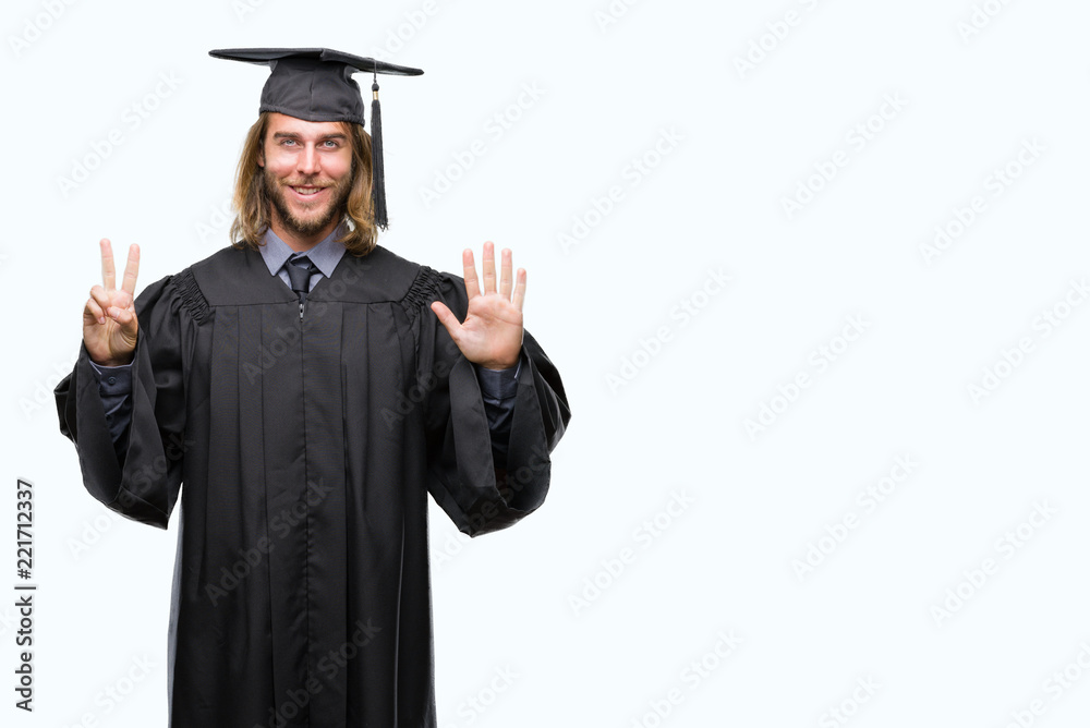 Young handsome graduated man with long hair over isolated background showing and pointing up with fingers number seven while smiling confident and happy. Young handsome graduated man with long hair over isolated background showing and pointing up with fingers number seven while smiling confident and happy.
