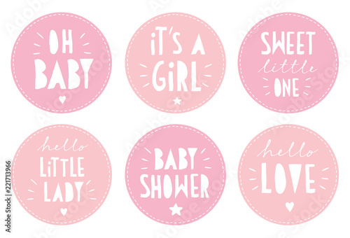 Sweet Baby Shower Vector Sticker Set. Round Pink Tags. It's a Girl. Oh Baby. Little Lady. Hello Love. White Hand Written Letters in a Circle with Seam Outline. Cute Cake Toppers.