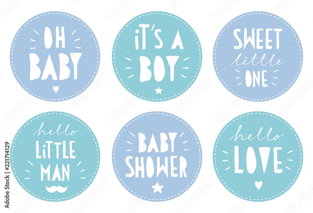 Sweet Baby Shower Vector Sticker Set. Round Blue Tags. It's a Boy. Oh