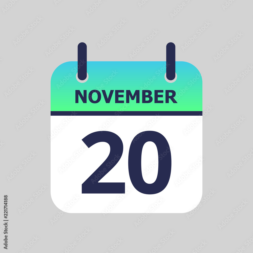 Flat icon calendar 20th of November isolated on gray background. Vector illustration. Flat icon calendar 20th of November isolated on gray background. Vector illustration.