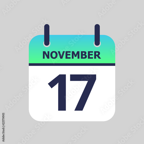 Flat icon calendar 17th of November isolated on gray background. Vector illustration.