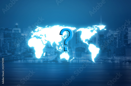 question mark over world map hologram and blurred city background