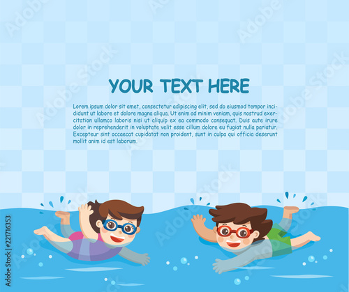 Cheerful and active little Boy and Girl swimming in the swimming pool. Template for advertising brochure.