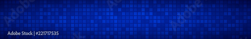 Abstract horizontal banner or background of small squares or pixels in blue colors.