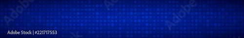 Abstract horizontal banner or background of small circles or pixels of different sizes in blue colors.