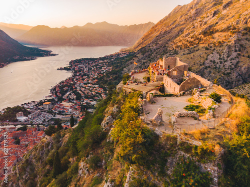 aerial view of kotor bay with kotor city on sunset