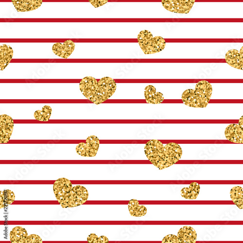 Gold heart seamless pattern. Red-white geometric stripes, golden confetti-hearts. Symbol of love, Valentine day holiday. Design wallpaper, background, fabric texture. Vector illustration