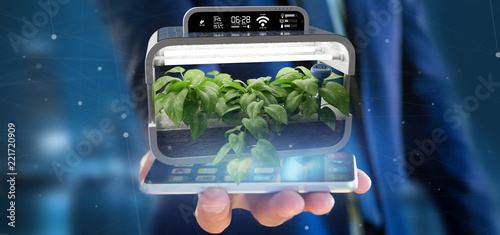 Businesmann holding a Digital vegetal plant connected photo