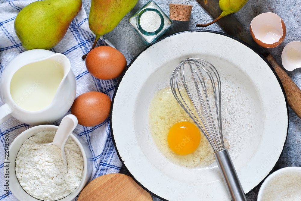 Ingredients for pie with pears. The process of making sweet pastries. Ingredients for baking. Ingredients for pie with pears. The process of making sweet pastries. Ingredients for baking.