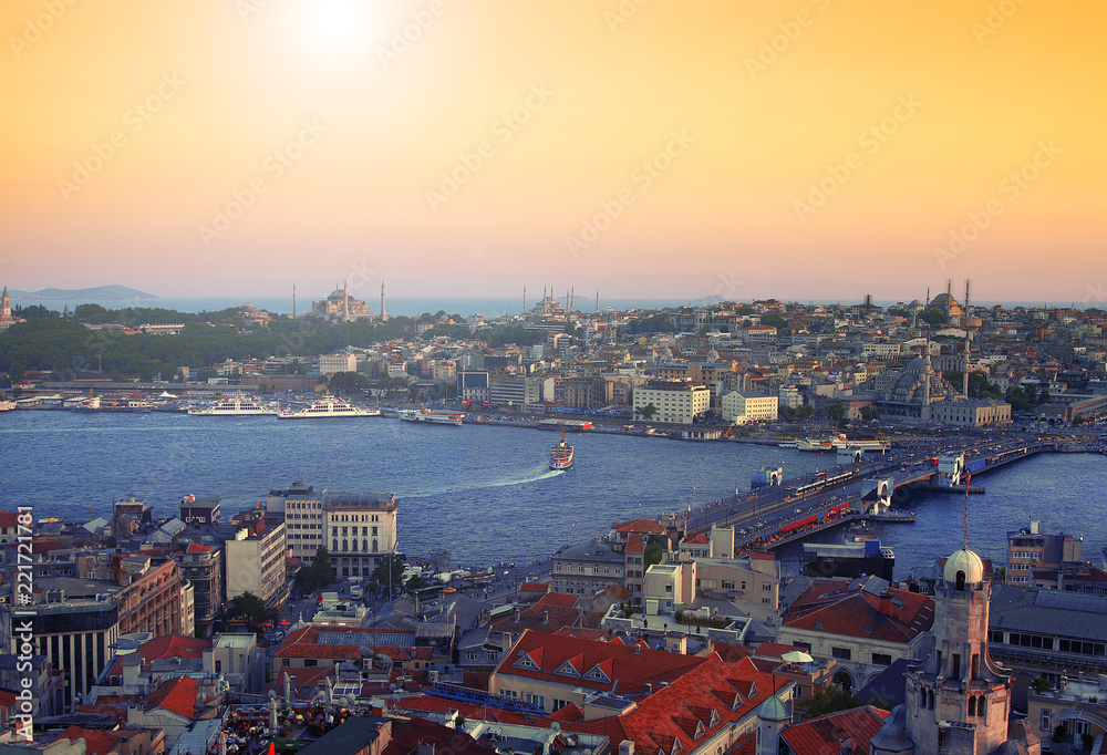 Istanbul skyline with Hagia Sophia and Blue Mosque as seen from Galata Tower.