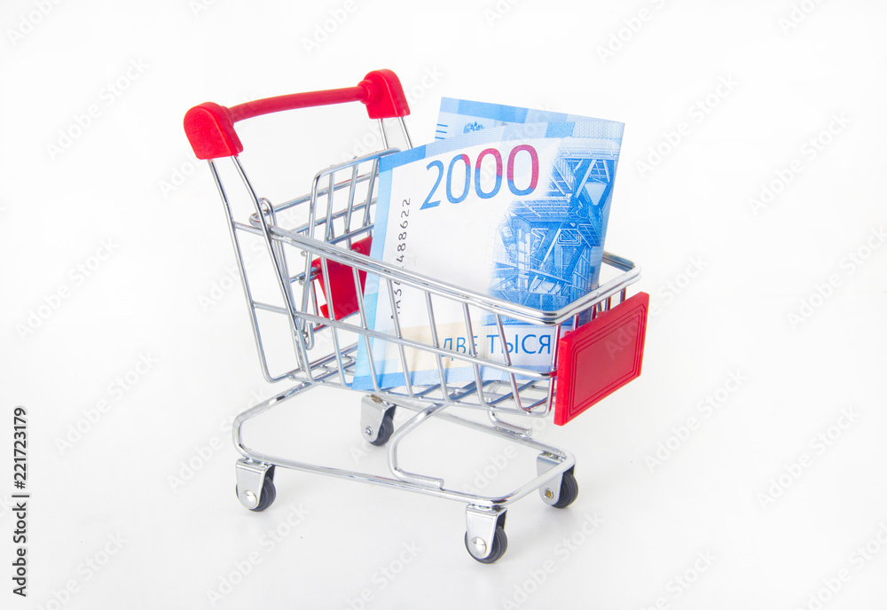 trolley with money, money concept, isolated on white