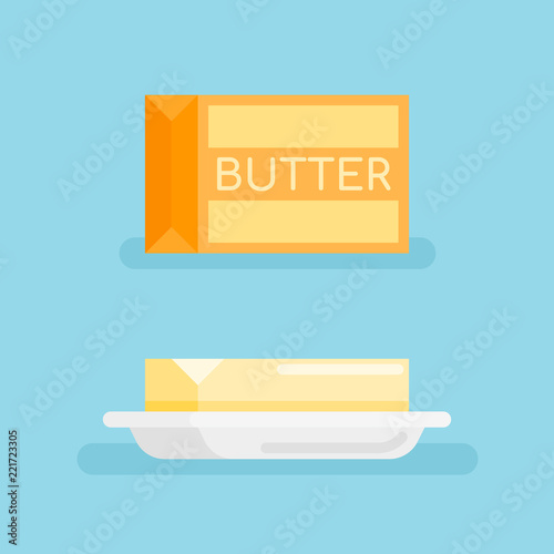 Pack of butter and butter on saucer isolated on blue background. Flat style icon. Vector illustration.