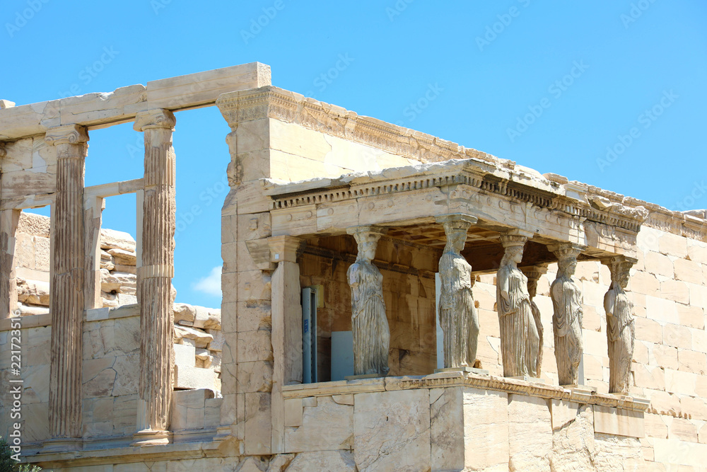 Porch of world famous Caryatids in Erechtheion on Acropolis Hill, Athens, Greece