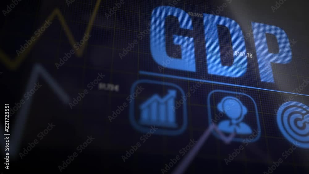 A GDP business concept on a flashing computer monitor with moving ...
