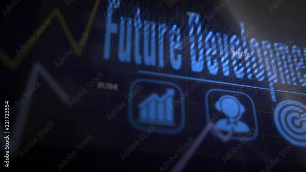 A Future Development business concept on a flashing computer monitor with moving graphs and data.