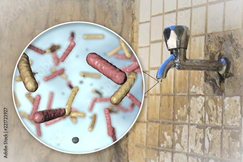 Safety of drinking water concept, 3D illustration showing bacteria contaminated drinking water photo