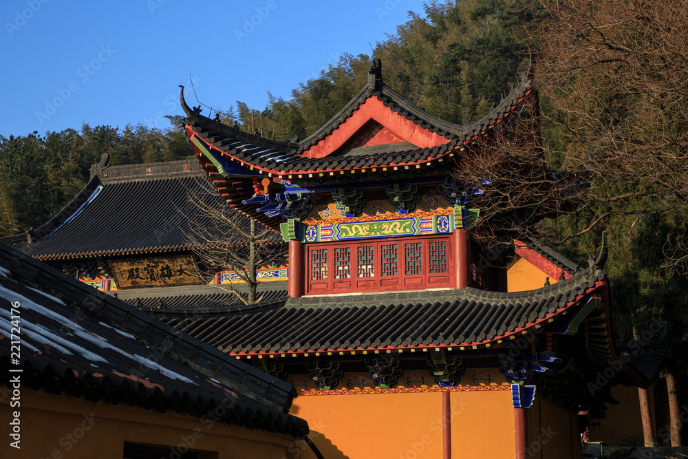 Tianzhushan Sanzu Temple, Buddhist Temple at Tianzhu Mountain (Mount Tianzhu) scenery in Qianshan County, Anqing City, Anhui Province, China. Mount Wan, Chinese Geopark. Translation: 