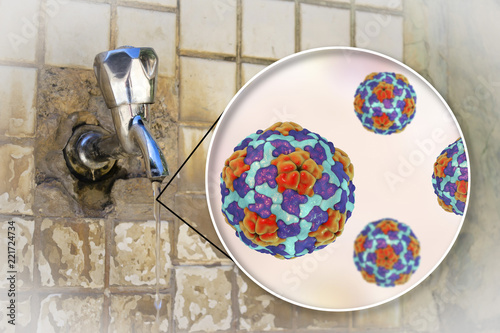 Safety of drinking water concept, 3D illustration showing Hepatitis A viruses contaminating drinking water photo