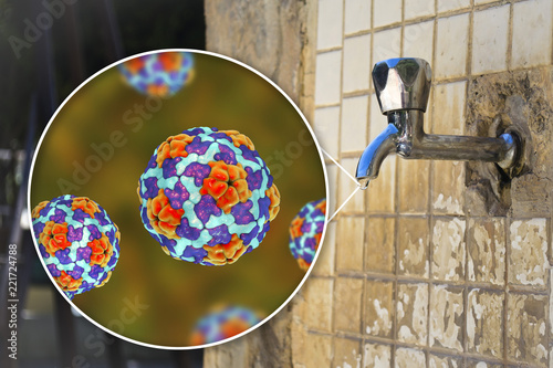 Safety of drinking water concept, 3D illustration showing Hepatitis A viruses contaminating drinking water photo