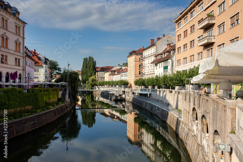 Ljubljanica river and the houses along the river canal.