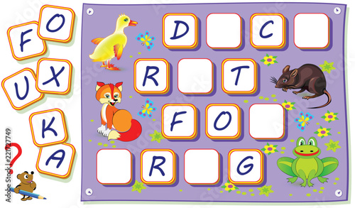 Logic puzzle game for kids with exercises for study English. Need to find missing letters  and draw them in empty squares. Developing skills for writing and reading. Vector image.